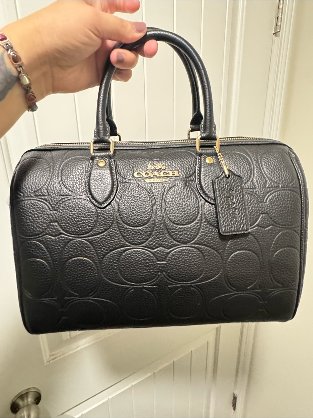 Coach Black Embossed Signature Leather Large Rowan with Gold Hardware